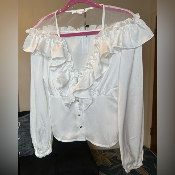 Ruffled V Neck Elastic Puff Sleeves Blouse - Picture 4 of 10